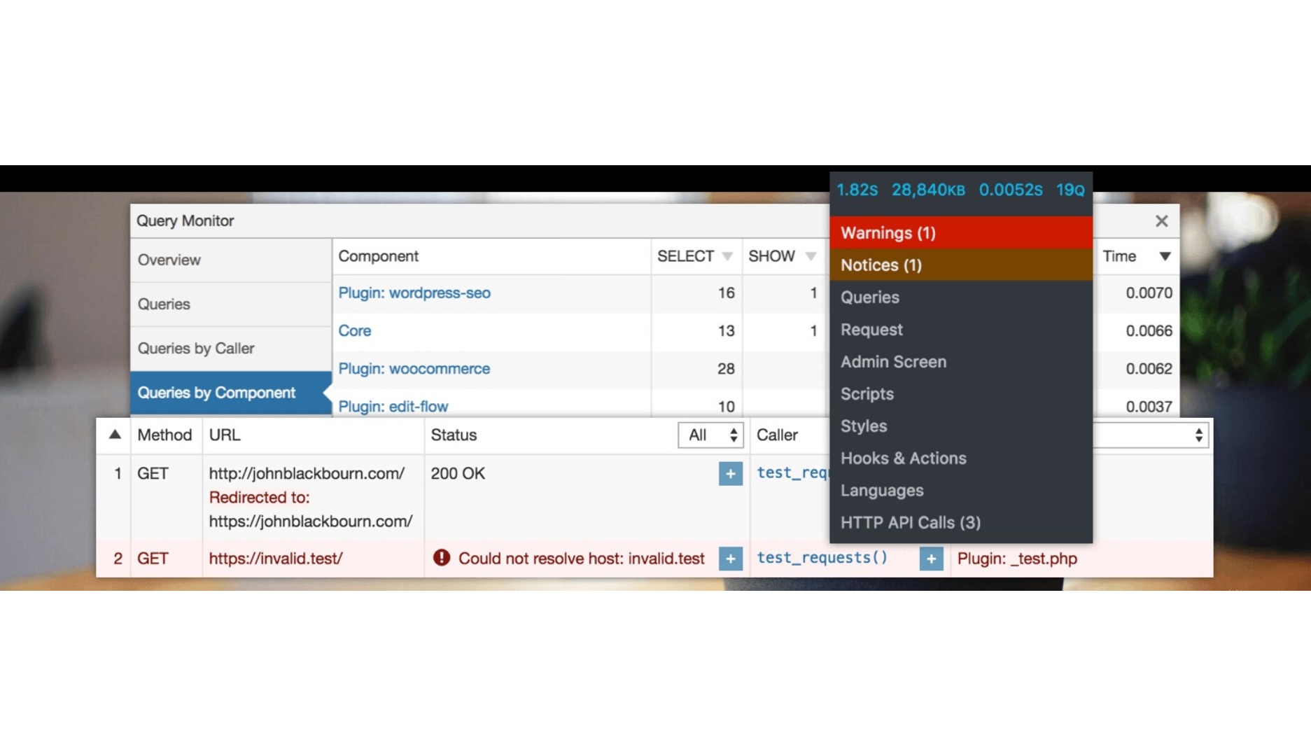 Query Monitor plugin displaying errors