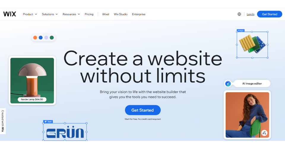 Wix homepage showcasing its drag-and-drop website builder with the tagline “Create a website without limits” and a call-to-action to get started.