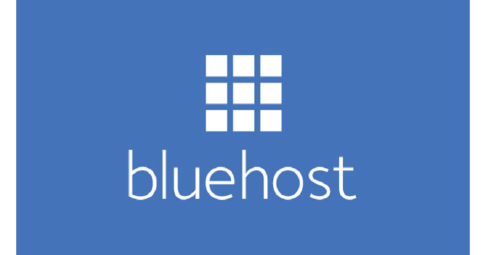 Bluehost logo featuring a white grid icon above the brand name on a blue background, representing the web hosting service.
