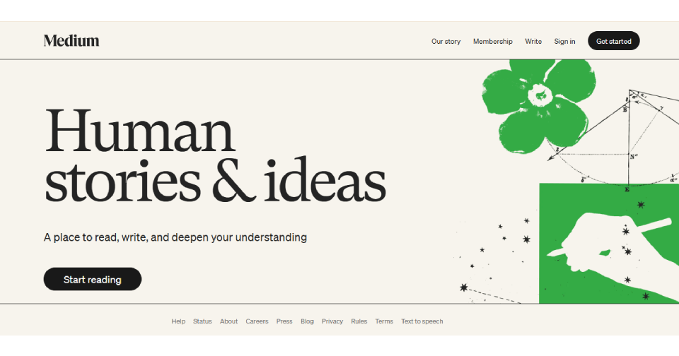 Medium homepage featuring the tagline “Human stories & ideas” with a call to “Start reading,” highlighting its focus on thoughtful writing and storytelling.
