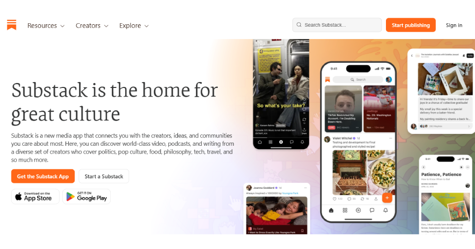 Substack homepage showing it's a place to read and share writing, podcasts, and videos from different creators.